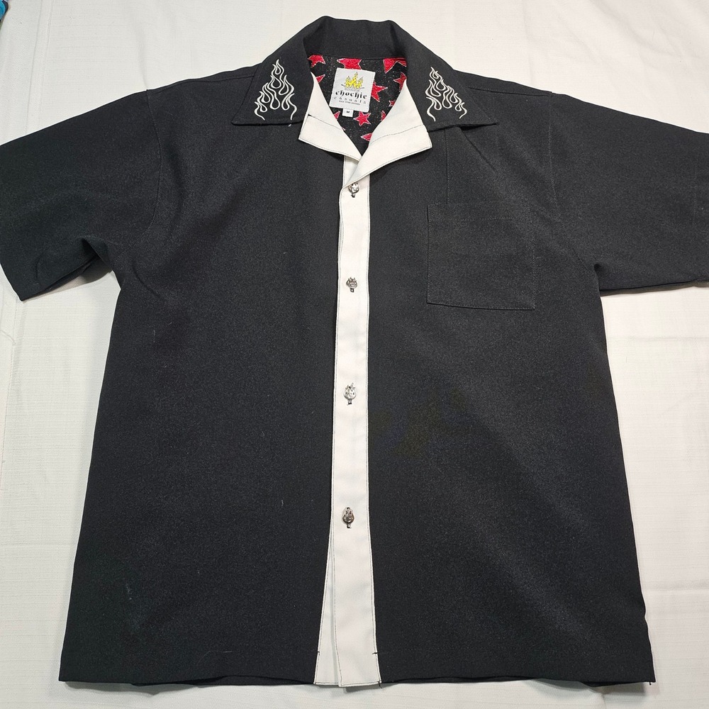 Vtg‎ CHOCHIE CASUALS Rock Star Division Black Short Flame Button Up Shirt Mens M